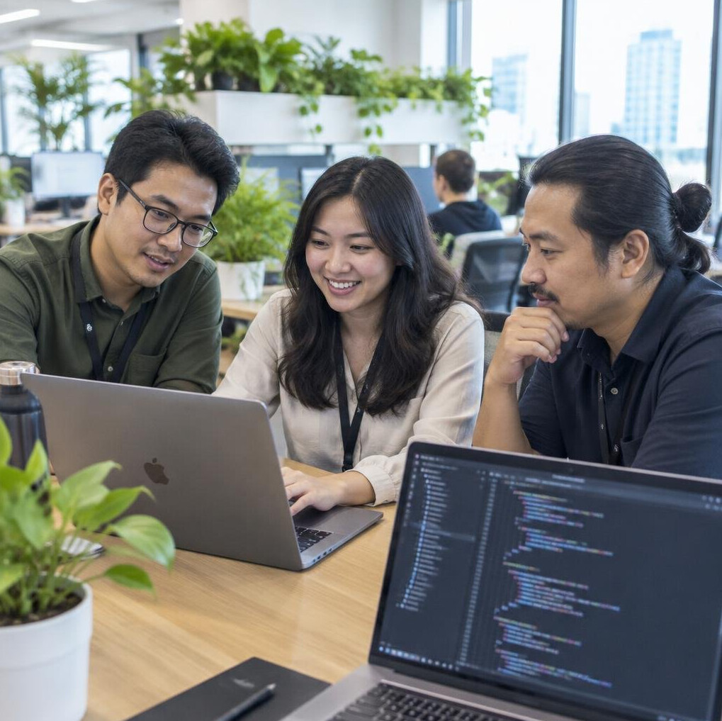 Team of engineers collaborating on laptops in a bright modern office